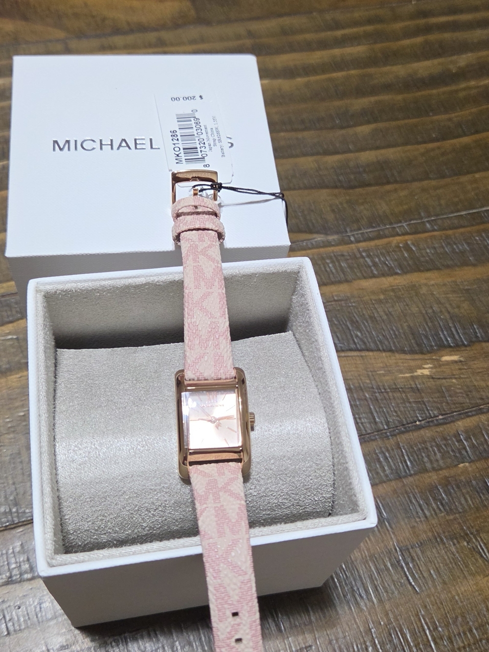 Michael Kors Pink Logo Strap Rose Gold Rectangular Women's Watch